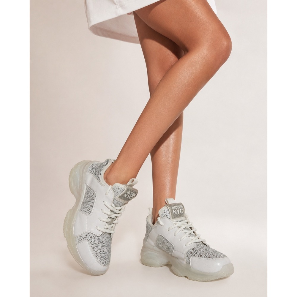 Madden NYC Rhinestone Platform Sneakers White Silver Bling Women's Size 8.5